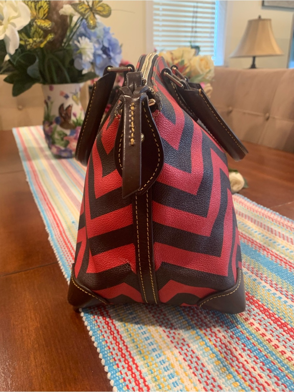 Dooney Red and Black Chevron Satchel - Picture 3 of 15